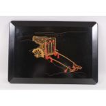 A GOOD JAPANESE LATE MEIJI PERIOD LACQUER TRAY OF A RICKSHAW, the black tray depicting finely