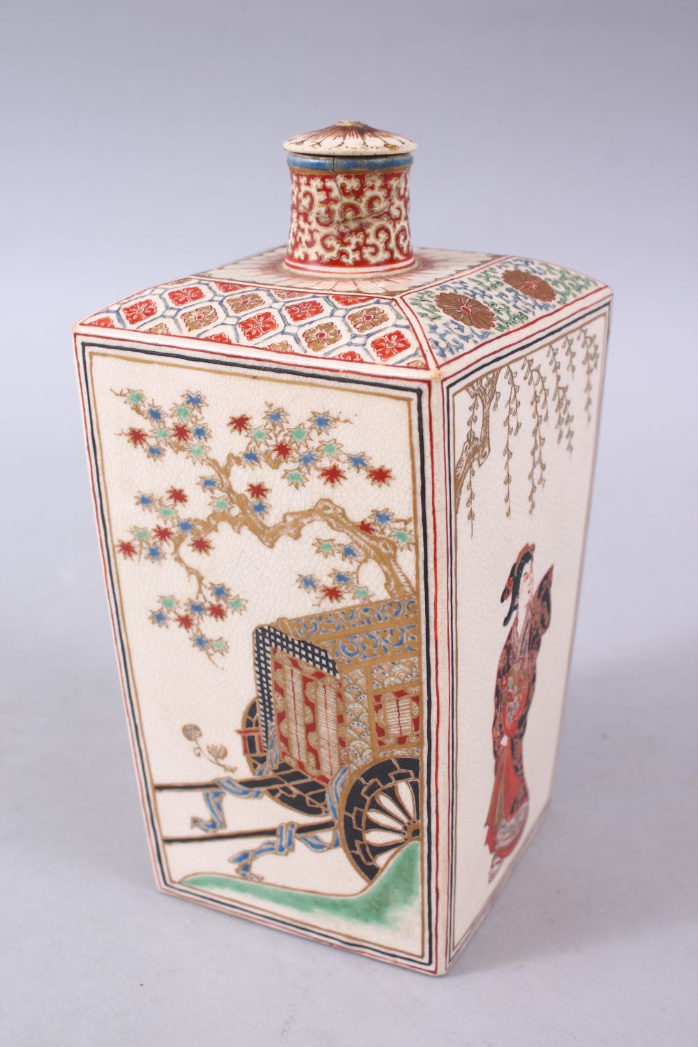 AN UNUSUAL JAPANESE MEIJI PERIOD SQUARE FORM SATSUMA BOTTLE & COVER, the side panels depicting a - Image 2 of 6