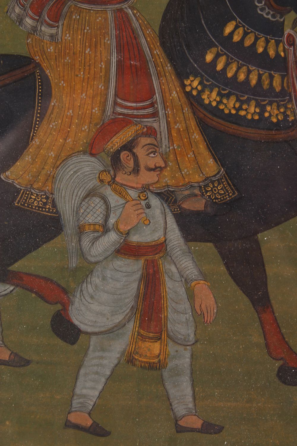 A FINE 18TH - 19TH CENTURY MUGHAL INDIAN MINIATURE PAINTING OF NOBLEMAN UPON HORSEBACK, framed - Image 5 of 7