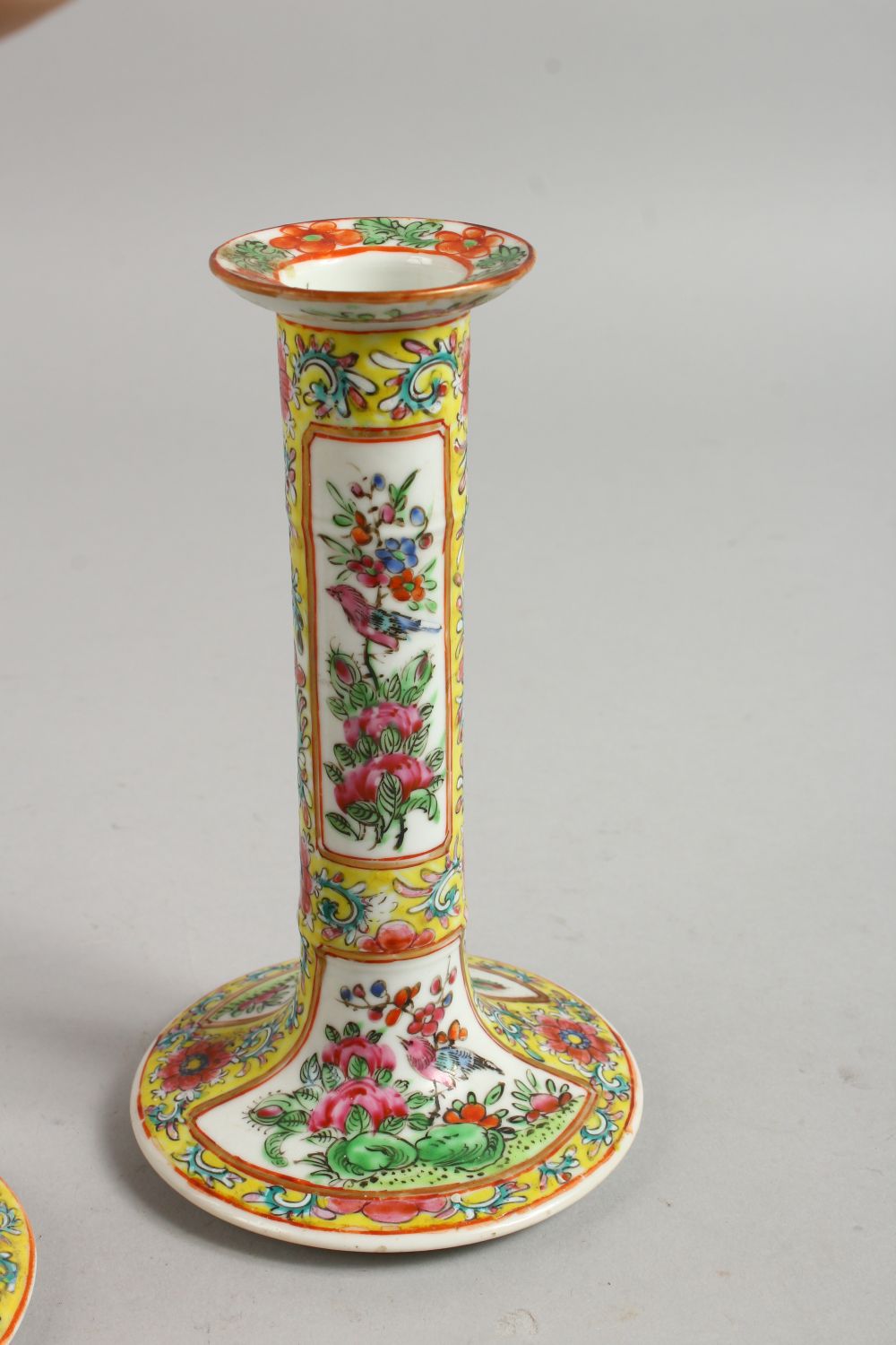 A GOOD PAIR OF CANTON FAMILLE JAUNE CANDLESTICKS with panels of flowers and birds. 7ins high. - Image 5 of 12