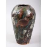 A JAPANESE LATE MEIJI / TAISHO PERIOD STUDIO POTTERY DRIP GLAZED VASE WITH LACQUER DECORATION, the