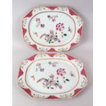 A PAIR OF 18TH CENTURY CHINESE QIANLONG FAMILLE ROSE PORCELAIN MEAT DISHES, decorated with typical