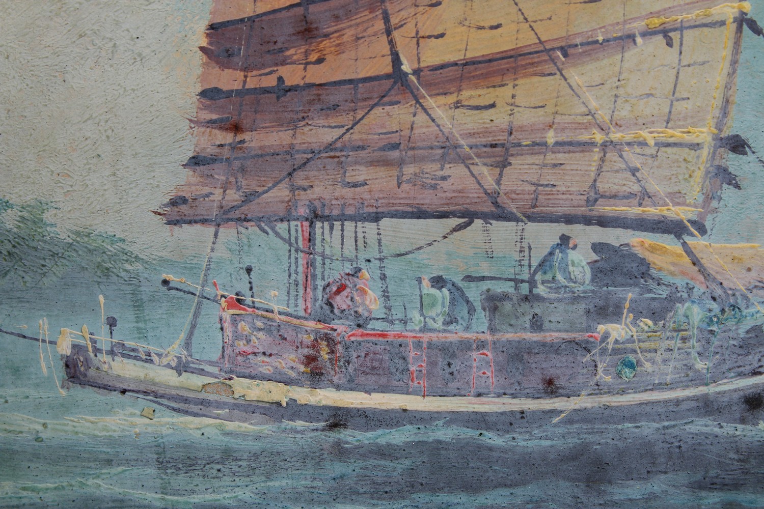 A 19TH / 20TH CENTURY FRAMED CHINESE GOUCHE PAINTING OF A SHIP, 21cm high x 26cm wide. - Image 3 of 3