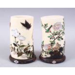 A PAIR OF JAPANESE MEIJI PERIOD CARVED IVORY & SHIBAYAMA TUSK VASES, decorated using semi-precious