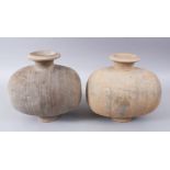 A PAIR OF UNUSUAL EARLY CHINESE BARREL SHAPED TERRACOTTA VESSEL, with broad circular neck and