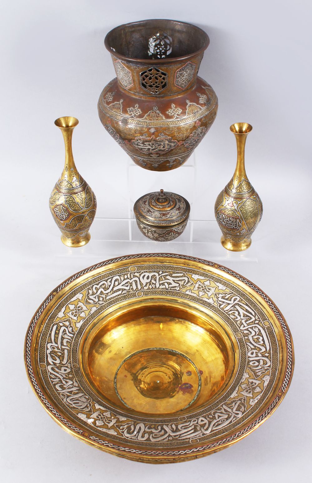 A COLLECTION OF FIVE 19TH CENTURY SILVER INLAID CAIROWARE PIECES, consisting of a pair of vases, a