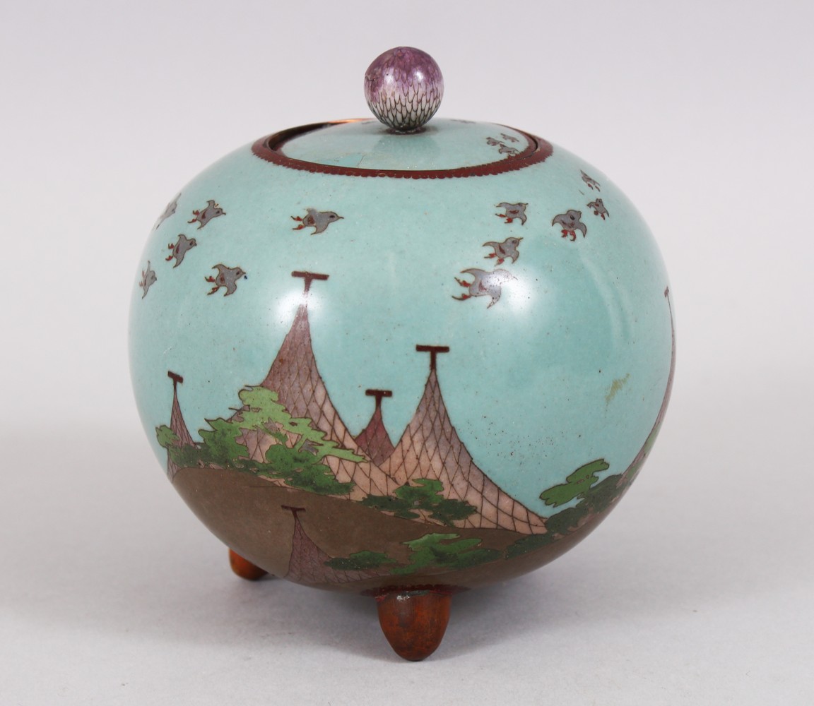 A GOOD JAPANESE MEIJI PERIOD GLOBULAR LIDDED CLOISONNE KORO, the body of the koro decorated with