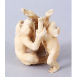 A JAPANESE MEIJI PERIOD CARVED OKIMONO GROUP OF MONKEYS, two seated monkeys play, 6.5cm high x 5cm