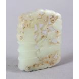 A GOOD 19TH / 20TH CENTURY CHINESE CARVED JADE BAMBOO & HORSE PENDANT, 5cm high x 4cm wide.