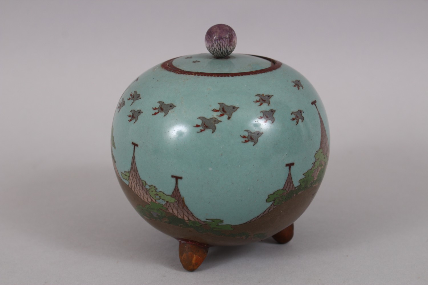 A GOOD JAPANESE MEIJI PERIOD GLOBULAR LIDDED CLOISONNE KORO, the body of the koro decorated with - Image 2 of 6