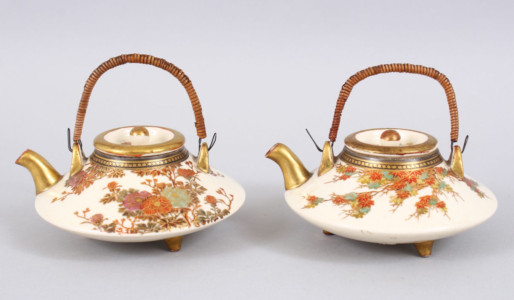 TWO GOOD JAPANESE MEIJI PERIOD SATSUMA TEA POT / TEA KETTLE, both pots decorated with scenes of