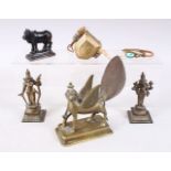 A MIXED LOT OF SIX 19TH / 20TH CENTURY INDIAN BRONZE FIGURES / DEITY AND OTHERS, consisting of a cow