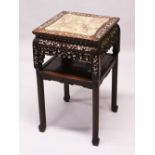 A GOOD 19TH CENTURY CHINESE HARDWOOD & MARBLE TOP PLANTER / STAND, the top inset with marble, the