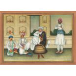 A LARGER 19TH / 20TH CENTURY INDO - PERSIAN MUGHAL PAINTING ON PAPER, depicting four seated