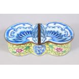 A GOOD 19TH / 20TH CENTURY CHINESE CANTON ENAMEL HINGED & LIDDED BOX IN THE FORM OF A BAT, with