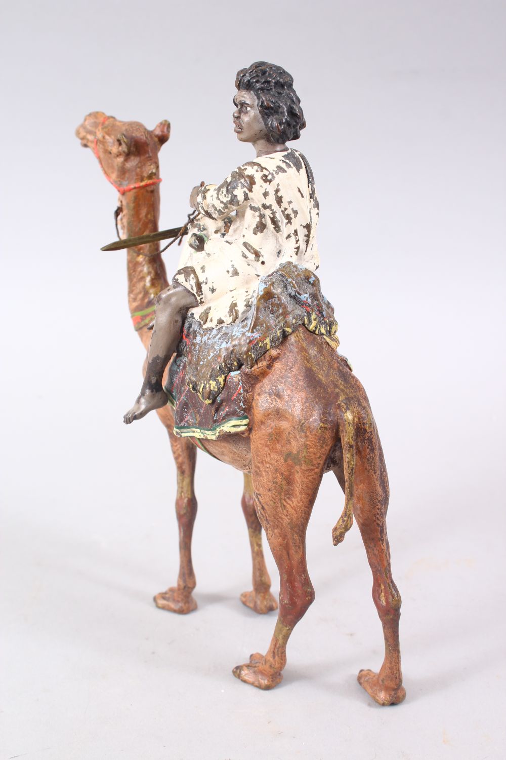 A FINE 19TH CENTURY ORIENTALIST COLD PAINTED BERGMAN BRONZE FIGURE OF AN ARAB UPON A CAMEL, the - Image 3 of 5