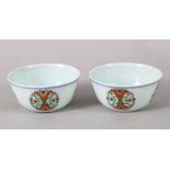 A GOOD PAIR OF CHINESE DOUCAI PORCELAIN TEA BOWLS, with decorated roundel decoration, the base