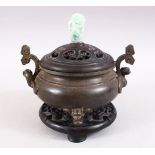 A GOOD CHINESE QIANLONG STYLE BRONZE LIDDED CENSER WITH JADE FINIAL, the censer with a carved