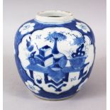 A GOOD 19TH CENTURY CHINESE BLUE & WHITE PORCELAIN PRUNUS GINGER JAR, decorated with panels of