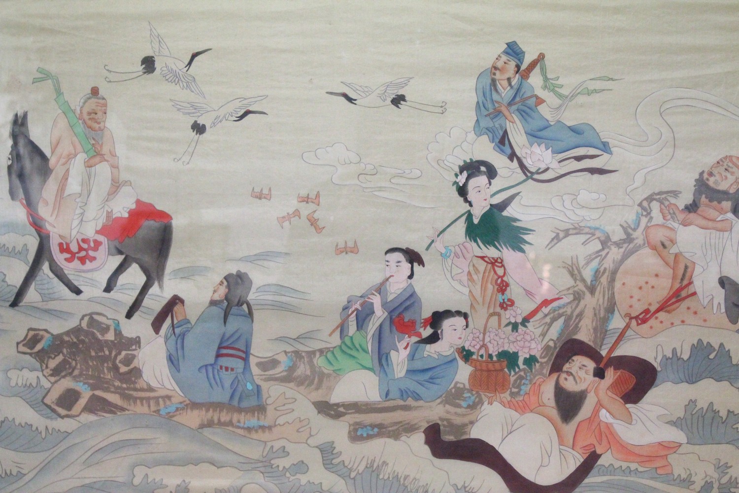 A LARGE EARLY / MID 20TH CENTURY FRAMED CHINESE PAINTING ON SILK OF THE EIGHT IMMORTALS, the frame - Image 2 of 6