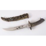 A GOOD CHINESE LION DOG DAGGER, the sheath with moulded lion dogs with balls, the blade engraved