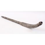 AN UNUSUAL LARGE 18TH CENTURY OTTOMAN TURKISH SILVER INLAID WOODEN SMOKING PIPE, 63CM LONG.