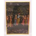 A 19TH-20TH CENTURY FRAMED INDIAN PAINTING ON TEXTILE depicting a blue skin god dancing with a