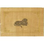 A 19TH / 20TH CENTURY INDO - PERSIAN PAINTING ON PAPER, containing a gilded recumbent lion with