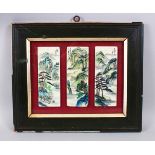 A SET OF THREE 20TH CENTURY CHINESE FRAMED PORCELAIN PLAQUES, each depicting a landscape view with