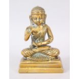 A LATE 20TH CENTURY GILT BRONZE THAI / TIBETAN BUDDHA / DEITY, in a seated meditating position, 13cm