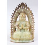 A LOVELY CHINESE CARVED JADE AND INLAID TURQUOISE & STONE BUDDHA / DEITY, in a seated position in