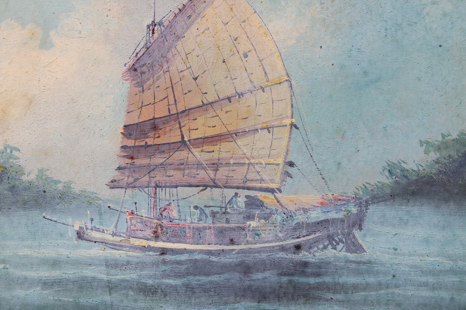 A 19TH / 20TH CENTURY FRAMED CHINESE GOUCHE PAINTING OF A SHIP, 21cm high x 26cm wide. - Image 2 of 3