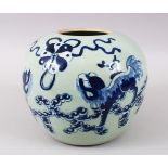 A GOOD 19TH CENTURY CHINESE CELADON BLUE & WHITE PORCELAIN GINGER JAR, the body of the globular