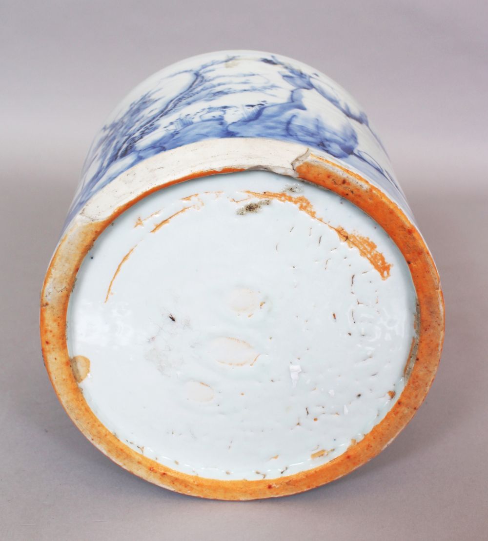 A CHINESE BLUE & WHITE PORCELAIN BRUSHPOT, the flaring sides painted with a continuous river - Image 6 of 7