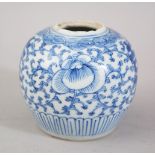 A 19TH CENTURY CHINESE BLUE & WHITE PORCELAIN GINGER JAR, decorated with floral scenes, the base