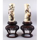 A GOOD PAIR OF JAPANESE MEIJI PERIOD CARVED IVORY & SHIBAYAMA TUSK VASES ON STANDS, the carved ivory