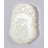 A GOOD PALE JADE CARVED PENDANT, with carved decoration of calligraphy and foliage, 5cm x 4cm.