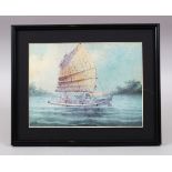 A 19TH / 20TH CENTURY FRAMED CHINESE GOUCHE PAINTING OF A SHIP, 21cm high x 26cm wide.