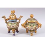 TWO GOOD 20TH CENTURY CHINESE CLOISONNE CENSERS & COVERS, the body decorated with scrolling lotus