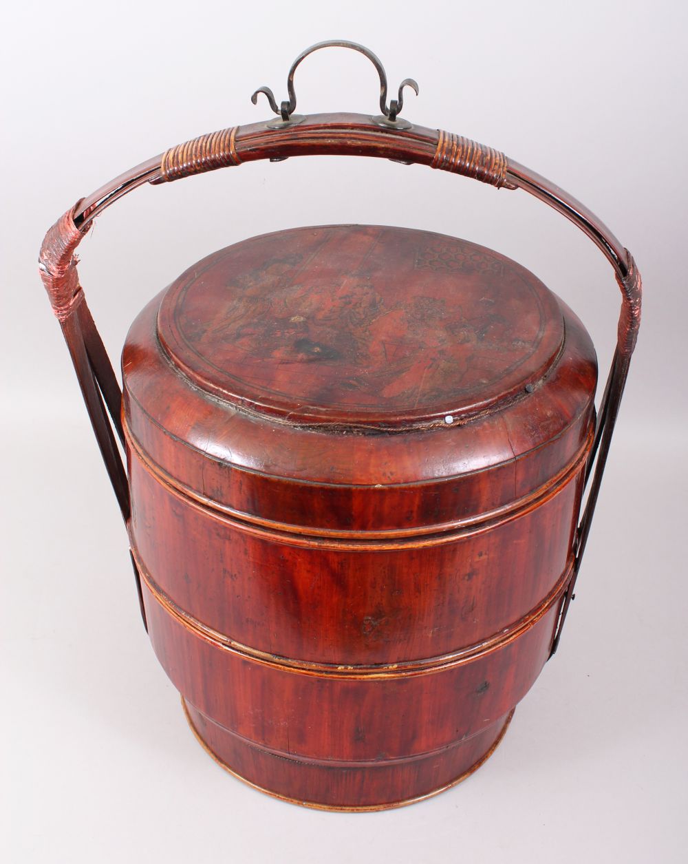 A GOOD CHINESE WOODEN & LACQUER TWO TIER WEDDING BASKET, the lid with lacquered decoration to depict