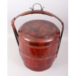A GOOD CHINESE WOODEN & LACQUER TWO TIER WEDDING BASKET, the lid with lacquered decoration to depict