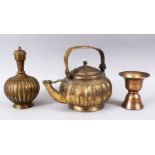 A COLLECTION OF 19TH / 20TH CENTURY INDIAN BRASS ITEMS, consisting of a teapot, a vase and a