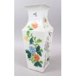 A GOOD 19TH CENTURY CHINESE SUARE FORM FAMILLE ROSE PORCELAIN VASE, the vase with four varying