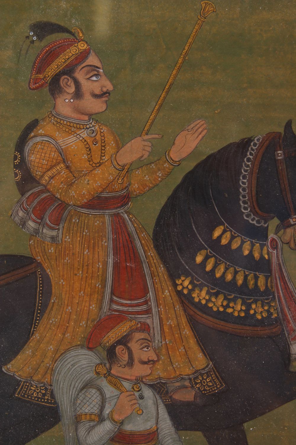 A FINE 18TH - 19TH CENTURY MUGHAL INDIAN MINIATURE PAINTING OF NOBLEMAN UPON HORSEBACK, framed - Image 3 of 7
