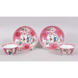 A PAIR OF YONGZHENG CHINESE FAMILLE ROSE PORCELAIN TEA BOWLS & SAUCERS, decorated on a pink ground