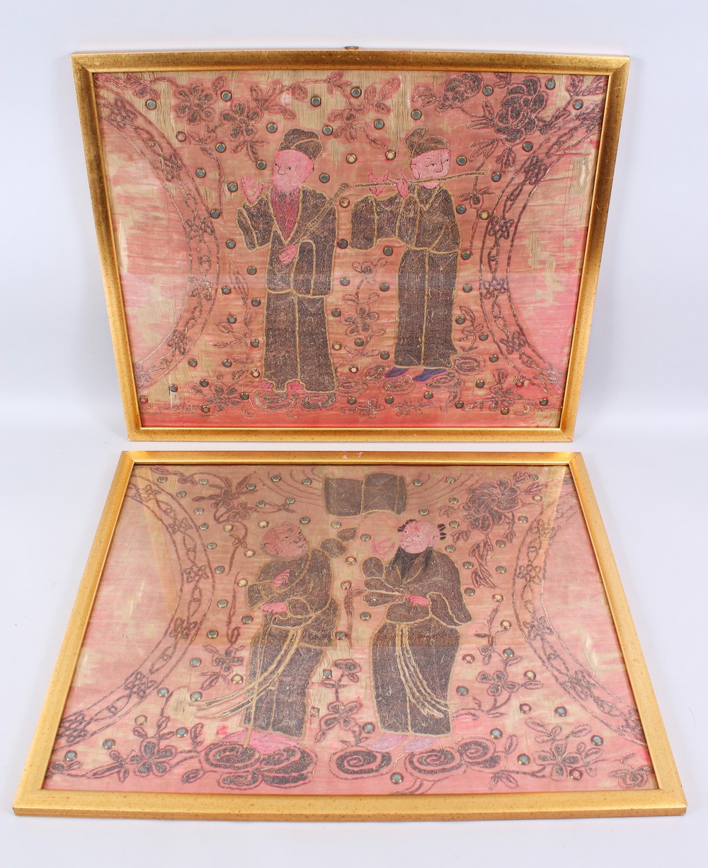 A PAIR OF 19TH / 20TH CENTURY CHINESE EMBROIDERED SILK OR TEXTILE PICTURES, both pictures