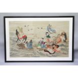 A LARGE EARLY / MID 20TH CENTURY FRAMED CHINESE PAINTING ON SILK OF THE EIGHT IMMORTALS, the frame