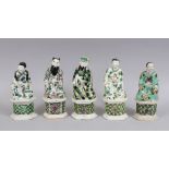 FIVE 19TH CENTURY CHINESE FAMILLE VERTE PORCELAIN FIGURES, depicting native men and women officials,