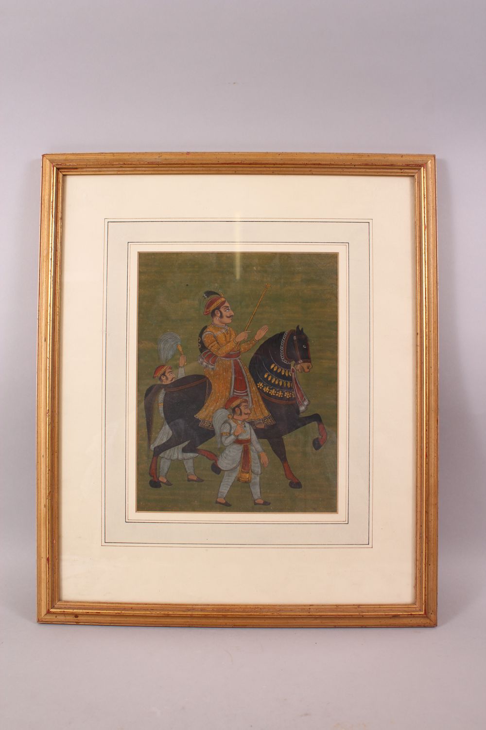 A FINE 18TH - 19TH CENTURY MUGHAL INDIAN MINIATURE PAINTING OF NOBLEMAN UPON HORSEBACK, framed - Image 7 of 7