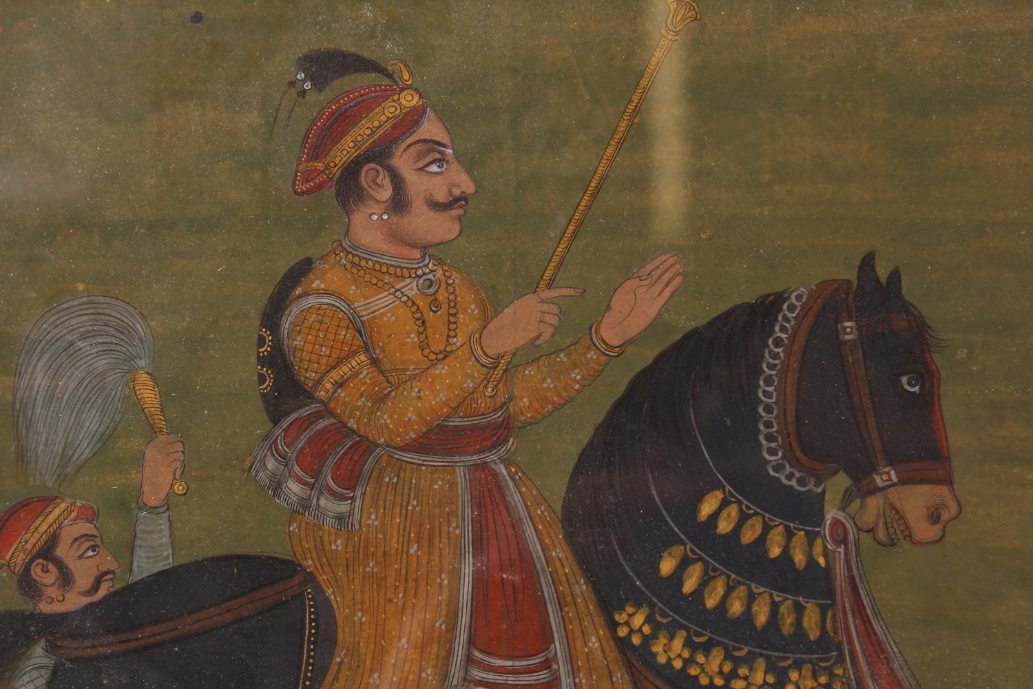 A FINE 18TH - 19TH CENTURY MUGHAL INDIAN MINIATURE PAINTING OF NOBLEMAN UPON HORSEBACK, framed - Image 4 of 7